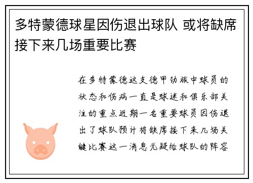 多特蒙德球星因伤退出球队 或将缺席接下来几场重要比赛