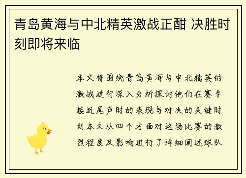 青岛黄海与中北精英激战正酣 决胜时刻即将来临