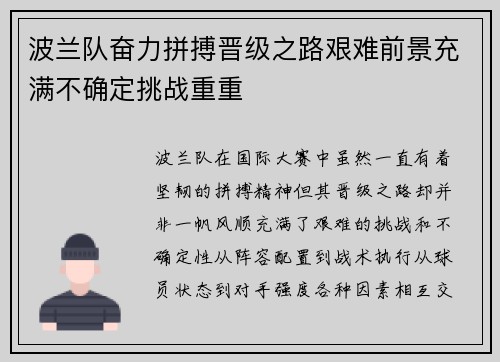 波兰队奋力拼搏晋级之路艰难前景充满不确定挑战重重